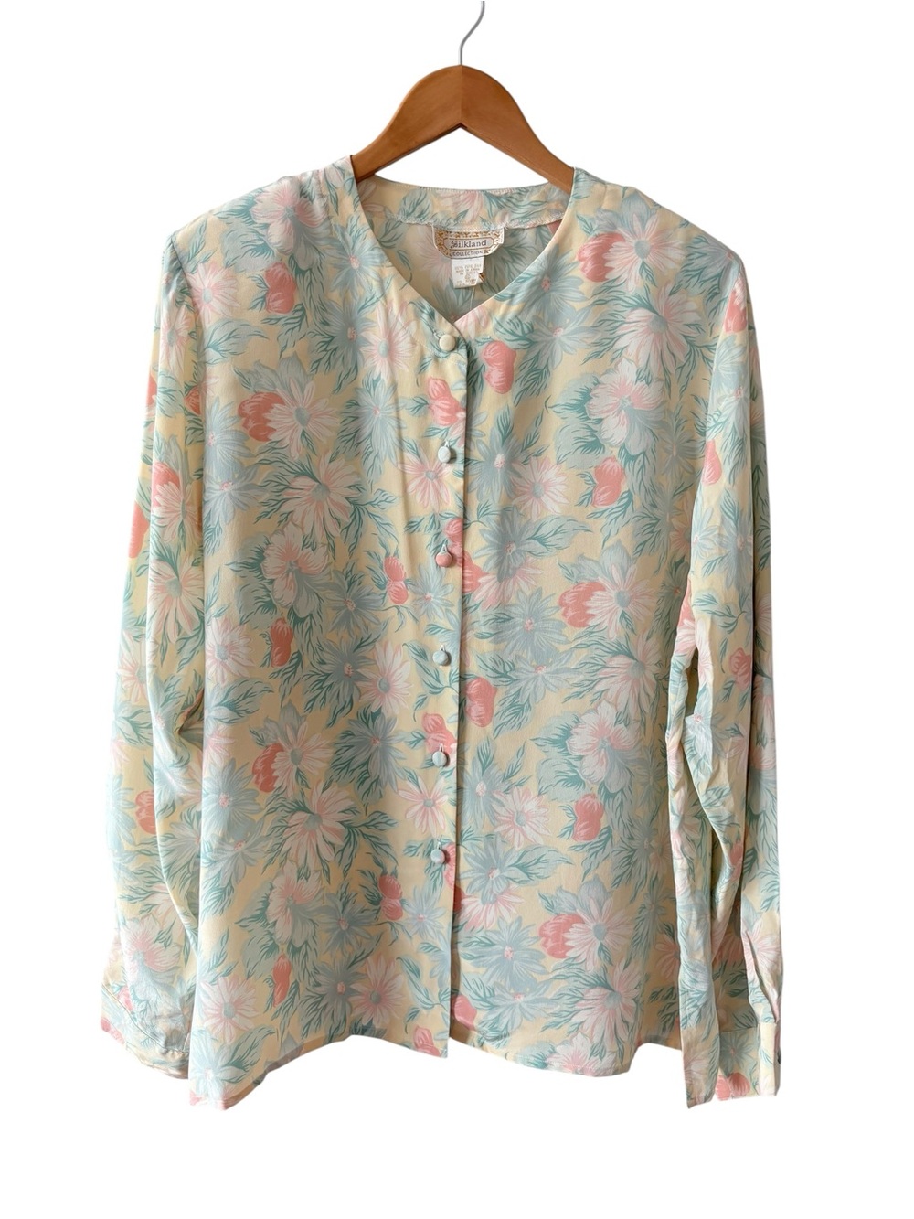 Vintage Silkland Pastel Floral Button-Front Blouse